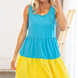 Blue Flare Color Block Tiered Woven Dress