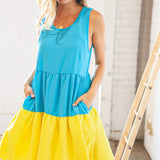 Blue Flare Color Block Tiered Woven Dress