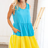 Blue Flare Color Block Tiered Woven Dress