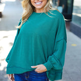 Weekend Ready Hunter Green Mineral Wash Rib Pullover Top