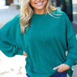 Weekend Ready Hunter Green Mineral Wash Rib Pullover Top