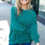 Weekend Ready Hunter Green Mineral Wash Rib Pullover Top