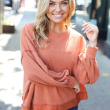 Weekend Ready Rust Mineral Wash Rib Pullover Top