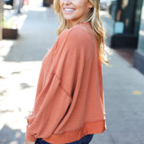 Weekend Ready Rust Mineral Wash Rib Pullover Top