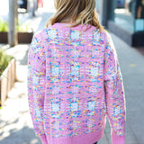 Adorable Pink Multicolor Popcorn Knit Sweater