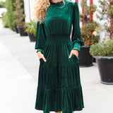 Holiday Dreaming Hunter Green Velvet Mock Neck Smocked Waist Dress