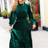 Holiday Dreaming Hunter Green Velvet Mock Neck Smocked Waist Dress