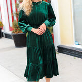 Holiday Dreaming Hunter Green Velvet Mock Neck Smocked Waist Dress