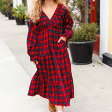 All I Want Red Plaid Elastic V Neck Tiered Maxi Dress