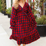 All I Want Red Plaid Elastic V Neck Tiered Maxi Dress