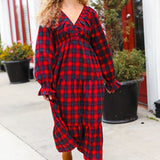 All I Want Red Plaid Elastic V Neck Tiered Maxi Dress