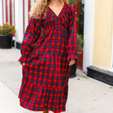 All I Want Red Plaid Elastic V Neck Tiered Maxi Dress