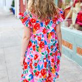 Love Found Pink Floral Smocked Ruffle Sleeve Tiered Dress