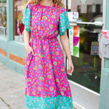 Charming Fuchsia & Mint Floral Frill Mock Neck Flutter Sleeve Midi Dress