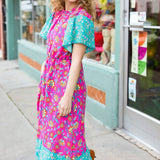 Charming Fuchsia & Mint Floral Frill Mock Neck Flutter Sleeve Midi Dress