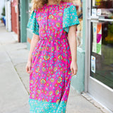 Charming Fuchsia & Mint Floral Frill Mock Neck Flutter Sleeve Midi Dress