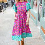 Charming Fuchsia & Mint Floral Frill Mock Neck Flutter Sleeve Midi Dress