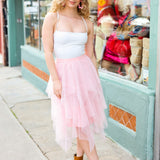 Feeling Femme' Blush Asymmetric Tiered Tulle Midi Skirt