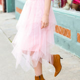 Feeling Femme' Blush Asymmetric Tiered Tulle Midi Skirt