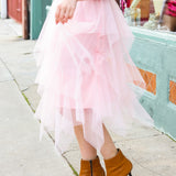 Feeling Femme' Blush Asymmetric Tiered Tulle Midi Skirt