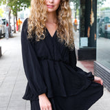 Falling In Love Black Surplice Tiered Woven Dress