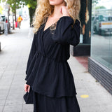 Falling In Love Black Surplice Tiered Woven Dress