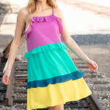 Fuchsia Shoulder Strap Color Block Tiered Ruffle Dress