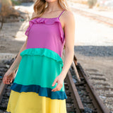 Fuchsia Shoulder Strap Color Block Tiered Ruffle Dress