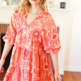 All You Need Peach & Coral Boho Floral V Neck Dress