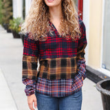 Holiday Ready Red & Mustard Plaid Notched Neck Flannel Hoodie