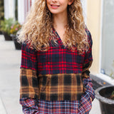 Holiday Ready Red & Mustard Plaid Notched Neck Flannel Hoodie