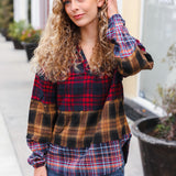 Holiday Ready Red & Mustard Plaid Notched Neck Flannel Hoodie