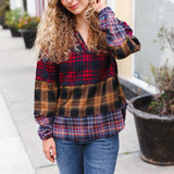 Holiday Ready Red & Mustard Plaid Notched Neck Flannel Hoodie