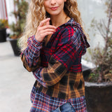 Holiday Ready Red & Mustard Plaid Notched Neck Flannel Hoodie