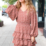 Feminine Flair Terracotta Leopard Print Ruffle Tiered Dress