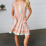 Sage Boho Floral Button Detail V Neck Ruffle Dress