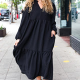 Lock Eyes Black Notched Neck Frill Hem Tiered Maxi Dress