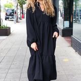 Lock Eyes Black Notched Neck Frill Hem Tiered Maxi Dress