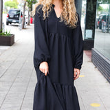 Lock Eyes Black Notched Neck Frill Hem Tiered Maxi Dress