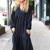 Lock Eyes Black Notched Neck Frill Hem Tiered Maxi Dress