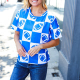 Turn Up The Volume Blue Football Checker Print Top