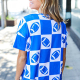 Turn Up The Volume Blue Football Checker Print Top