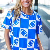 Turn Up The Volume Blue Football Checker Print Top