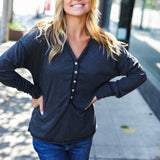 Casual Days Charcoal Henley Button Down V Neck Top