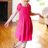 Kids Darling Pink Crepe Tiered Smocked Shoulder Tie Dress