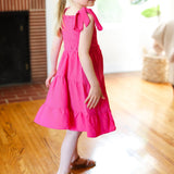 Kids Darling Pink Crepe Tiered Smocked Shoulder Tie Dress