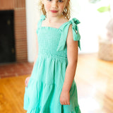 Kids Darling Lime Crepe Tiered Smocked Shoulder Tie Dress