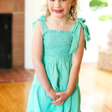 Kids Darling Lime Crepe Tiered Smocked Shoulder Tie Dress