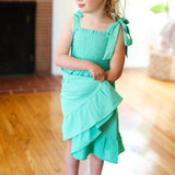 Kids Darling Lime Crepe Tiered Smocked Shoulder Tie Dress