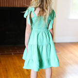 Kids Darling Lime Crepe Tiered Smocked Shoulder Tie Dress